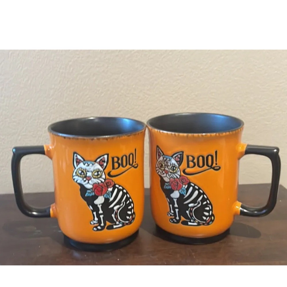 Eli & Ana Set of 2 Coffee Mugs Day of the Dead Cat Halloween Skeleton